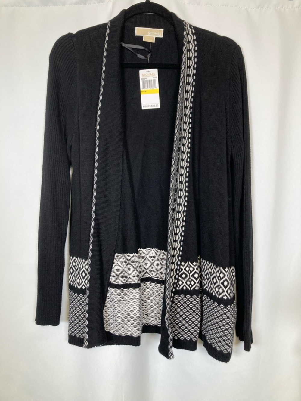 NWT Michael Kors Open Front Ribbed Border Cardigan Black White Size M BohoChic